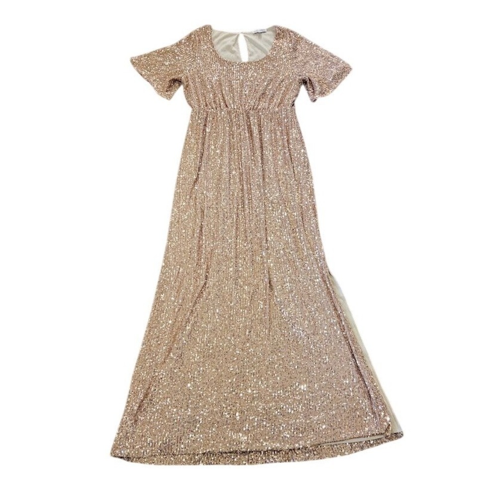 Baltic Born Rose Gold Sequin Maxi Dress XL Empire Waist Flutter Sleeve Formal